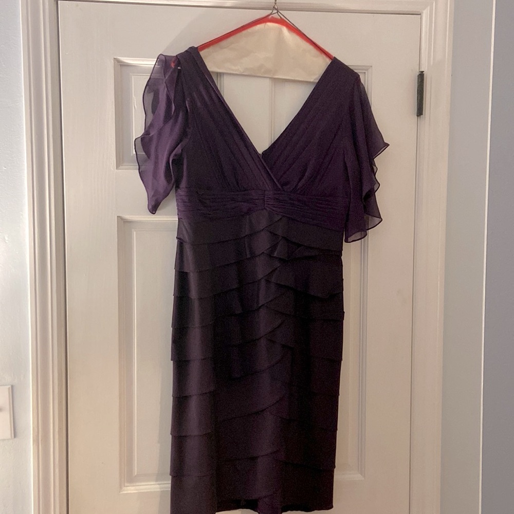 Deep plumb Adrianna Pappell evening dress, size 8 with deep V neck back & zipper